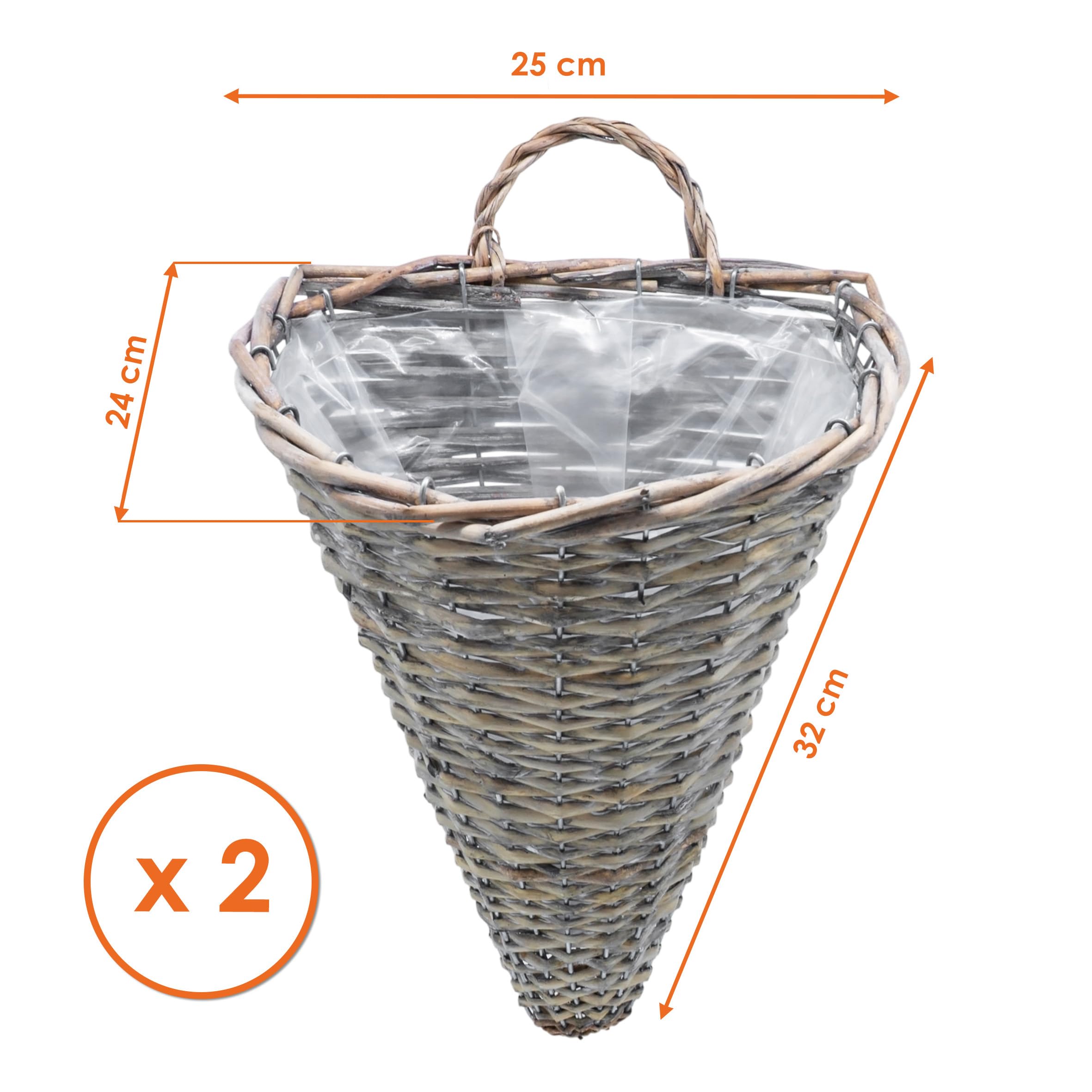 Rattan ścienny wiszący kosz na kwiaty, stożkowy, 32 x 25 cm, naturalny, z folią – zestaw 2 sztuk – pleciony kosz na rośliny do zawieszenia, półokrągły, do wnętrz i na zewnątrz – kosz na kwiaty