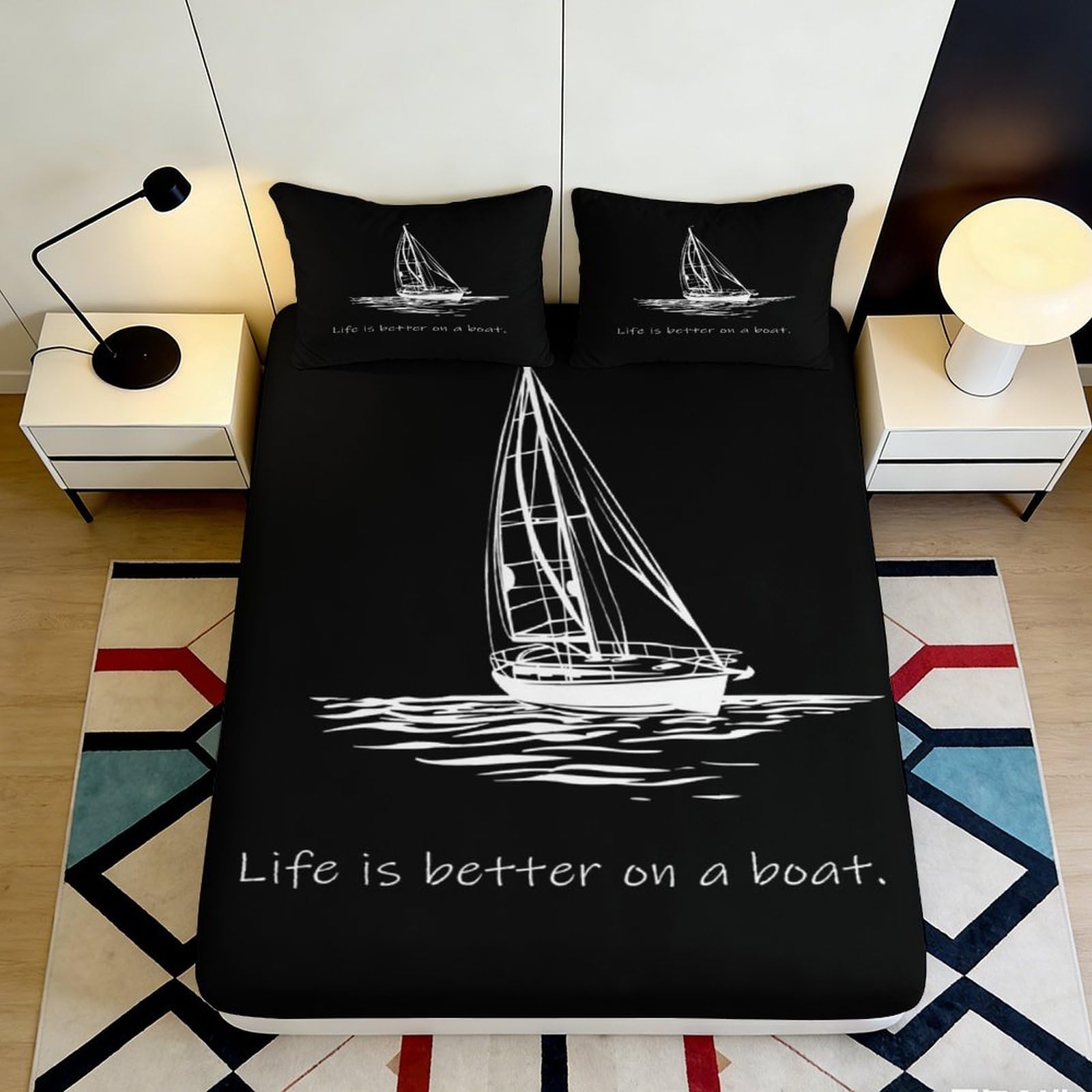 3D Printed Sailboat Nautical Fitted Sheet Microfiber Black White Yacht Bed Cover for Bedroom Dorm Protection Decor 90x200x25cm