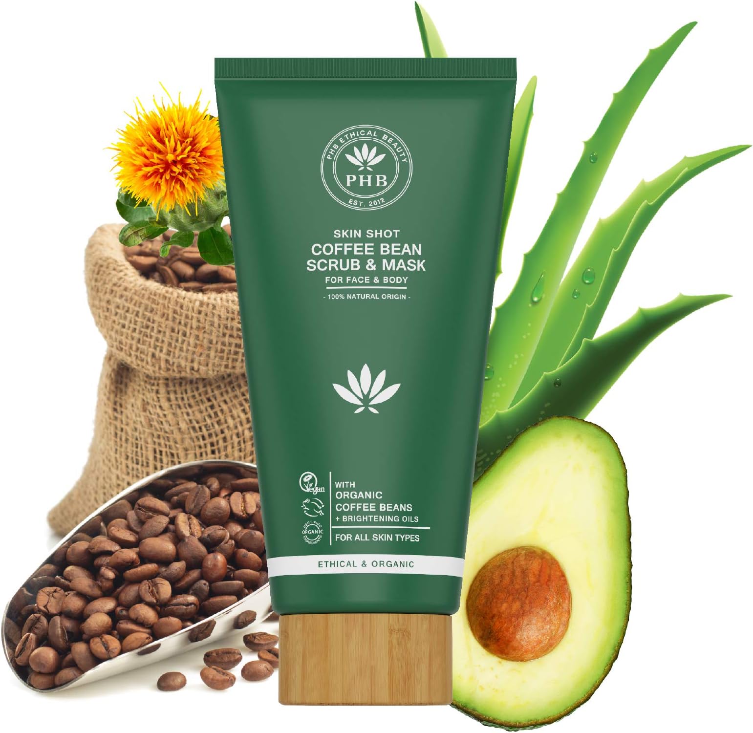 Organic Coffee Scrub and Mask by PHB Ethical Beauty. A 2-IN-1 Face and Body Exfoliator. For Cellulite and Spider Vein Treatment. 5,30 Fl. Oz