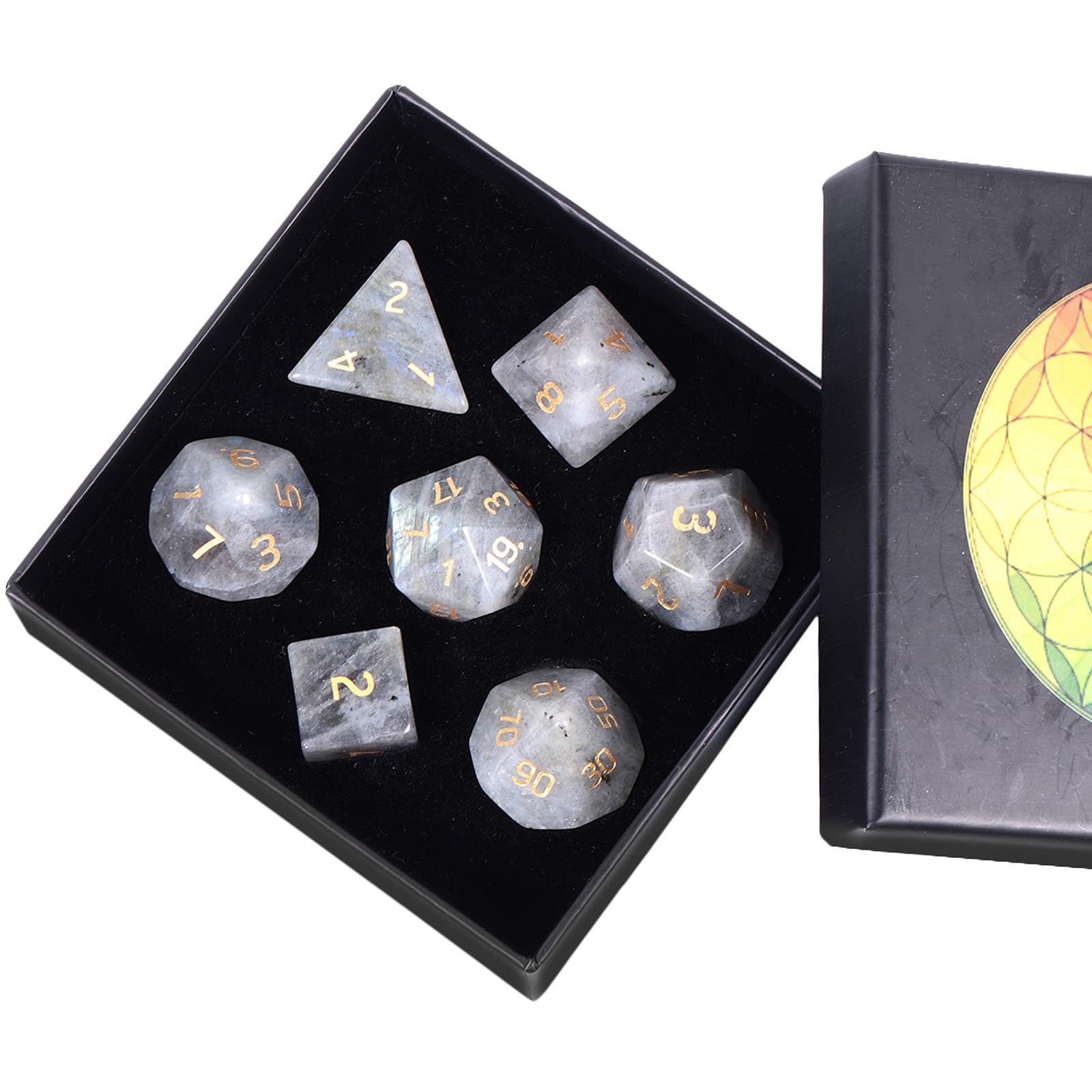 Nupuyai 7pcs Labradorite Crystal Polyhedral DND Dice Set for RPG MTG Table Games Polished Tumbled Stones Dices with Box for Home Decor
