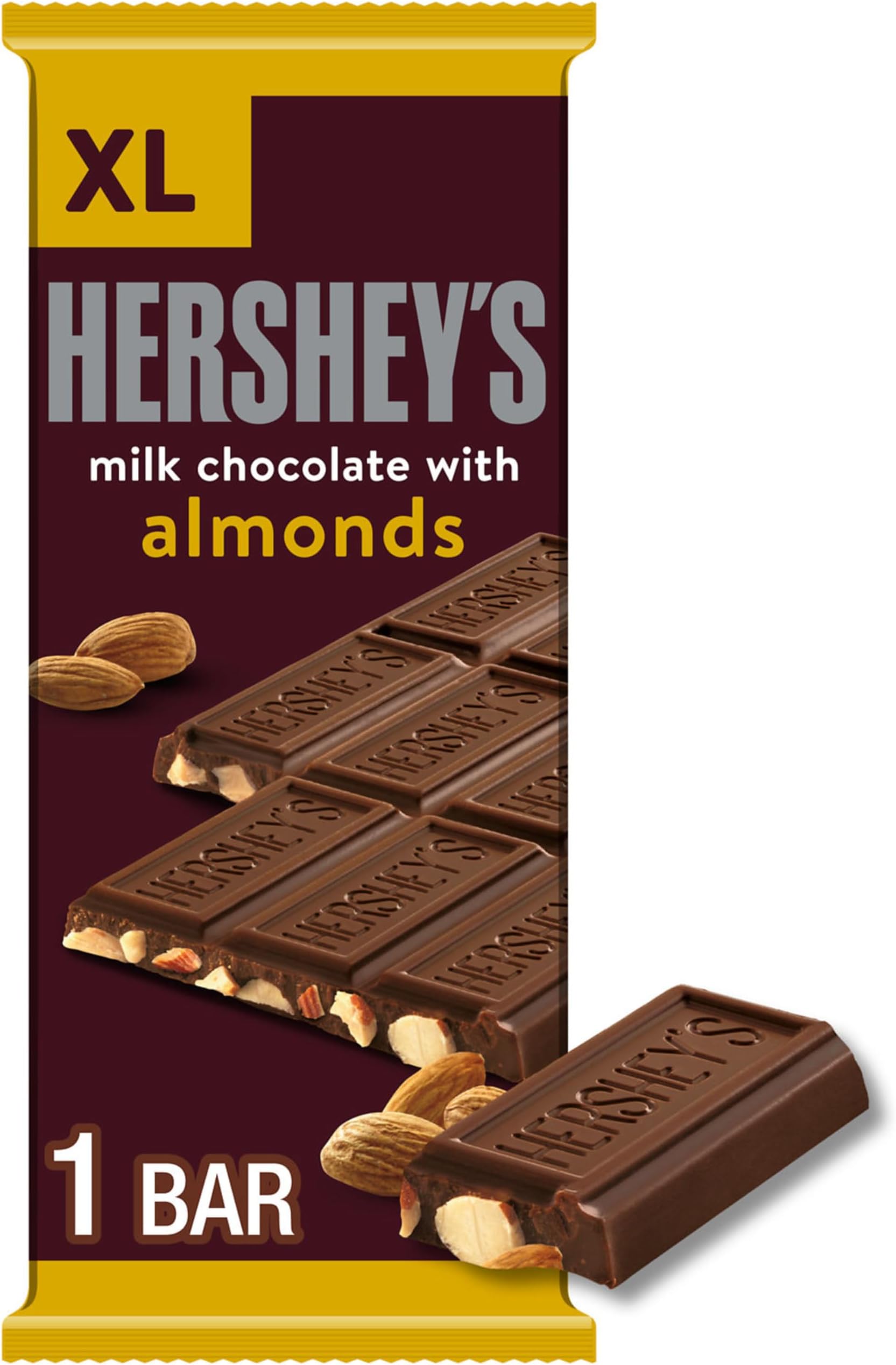 HERSHEY'S Milk Chocolate with Almonds XL, Candy Bar, 4.25 oz (16 Pieces)