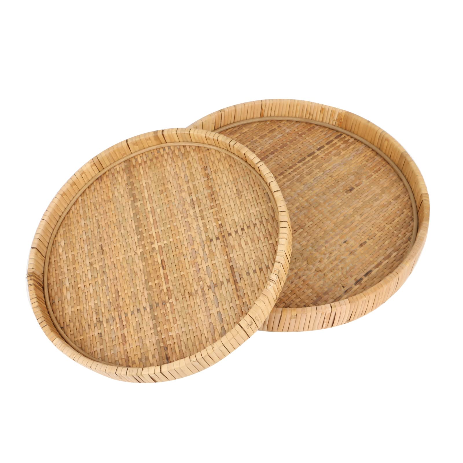 HUAXIN CRAFT H Round Rattan Tray for Serving Dinner, Woven Plate for Tea or Coffee, Set of 2(Natural 14 inches and 12 inches Diameter)