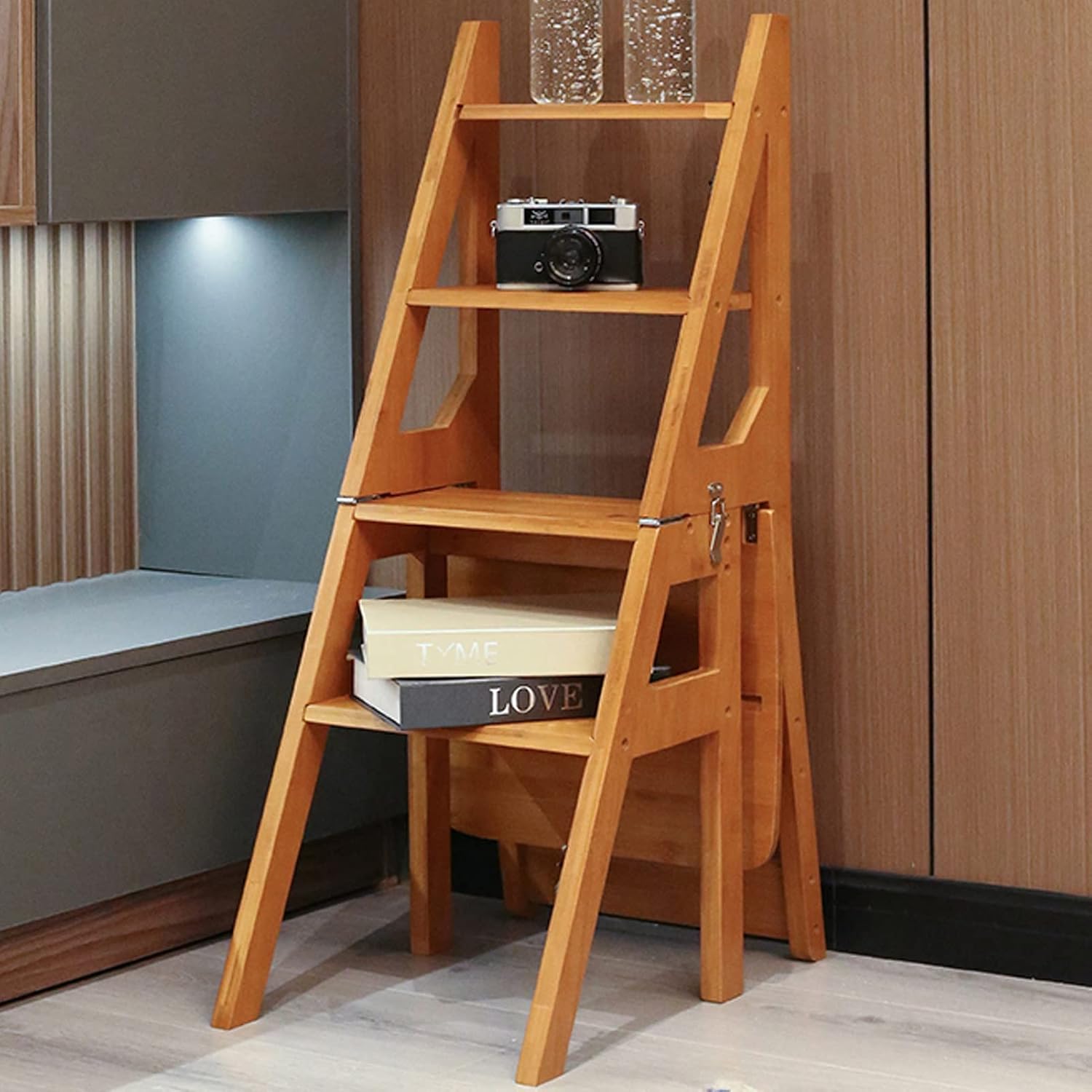 木製ステップラダーチェア家庭用変換折りたたみ式ラダーチェア、木製4ステップラダーチェア多機能ライブラリステップ本棚植物スタンド収納と
