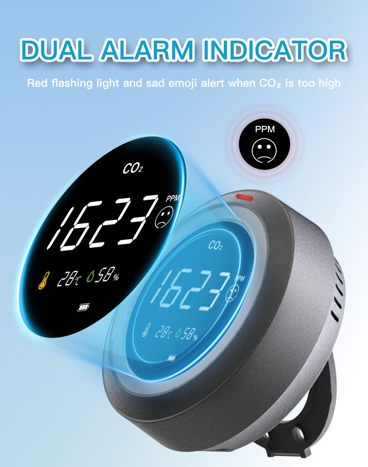 Détecteur CO2, LifeBasis Moniteur de Qualité de l'Air avec Écran LCD, Capteur NDIR, Détecteurs de CO2, Température et Humidité,0-5000 PPM, pour Maison/Bureau/Salle de Sport/Voiture