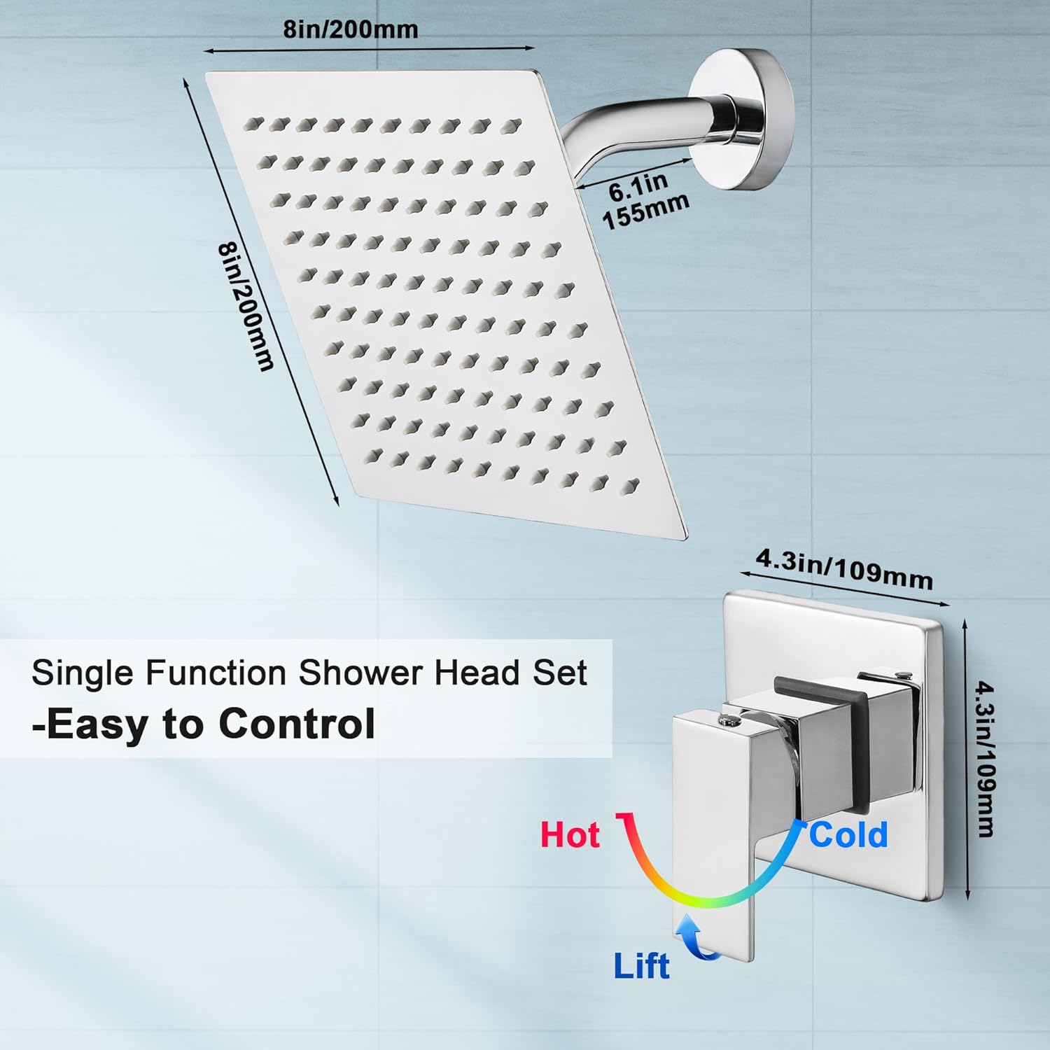 SKOWLL Bathroom Shower Faucet Set, Wall Mount 8 Inch Shower Head and Handle Set, Single Function Shower Trim Kit with Rough-in Valve, Polished Chrome Shower Head System