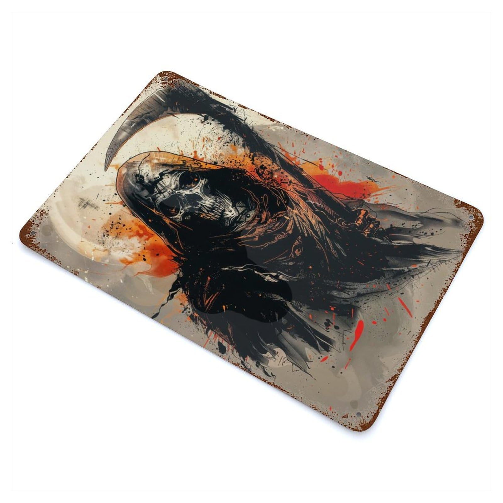 Weathered Tin Sign with Grim Reaper Painting Design 11.8"x7.9", for Garage, Bar And Workshop Decor, Decorative Metal Wall Art