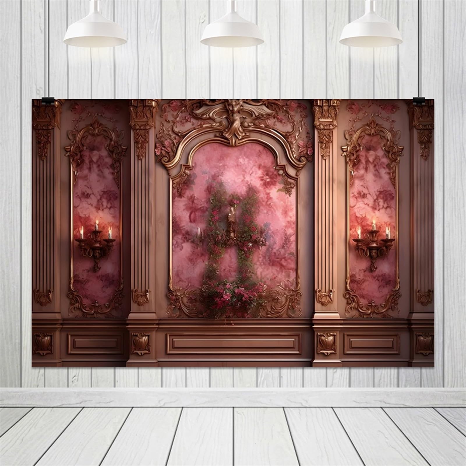 ZJRBJB 10x7ft Vintage Room Inside Backdrop Pink Rose European Style Frame Candle Lights Wall Background Classic Retro Interior Vintage Decor Elegant