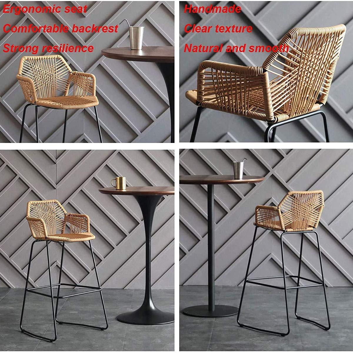 Beige Rattan Bar Stool Rattan Wicker Barstools Chair with Footrest