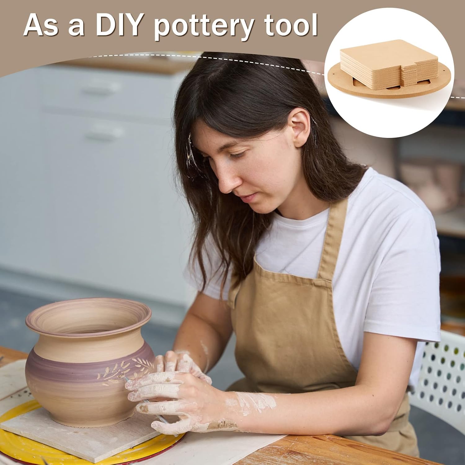 15 Pcs Bat for Pottery Wheel Adapter with Removable Inserts Pottery Bats for Throwing with 12'' Round Outer and 7'' Square Inner with Pins for Potters Clay(Light Brown)