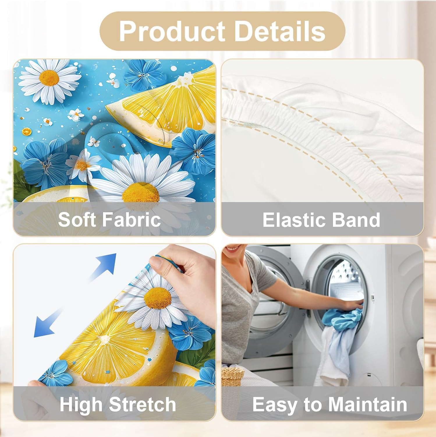 Chair Covers Set of 6, Blue Lemon & Daisy Design, Stretchable Dining Chair Slipcovers, Washable and Reusable, Perfect for Summer, Picnics, and Home Decor