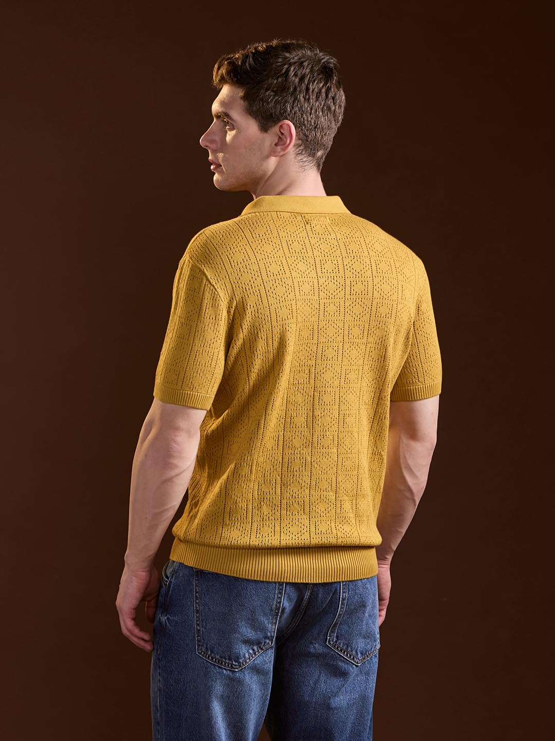 THE BEAR HOUSE Men's Mustard Pure Cotton Textured Knit Polo 1