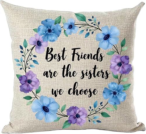 Ramirar Funda de almohada decorativa con cita negra Best Friends are The Sisters We Choose - Funda de almohada decorativa de flores azules y