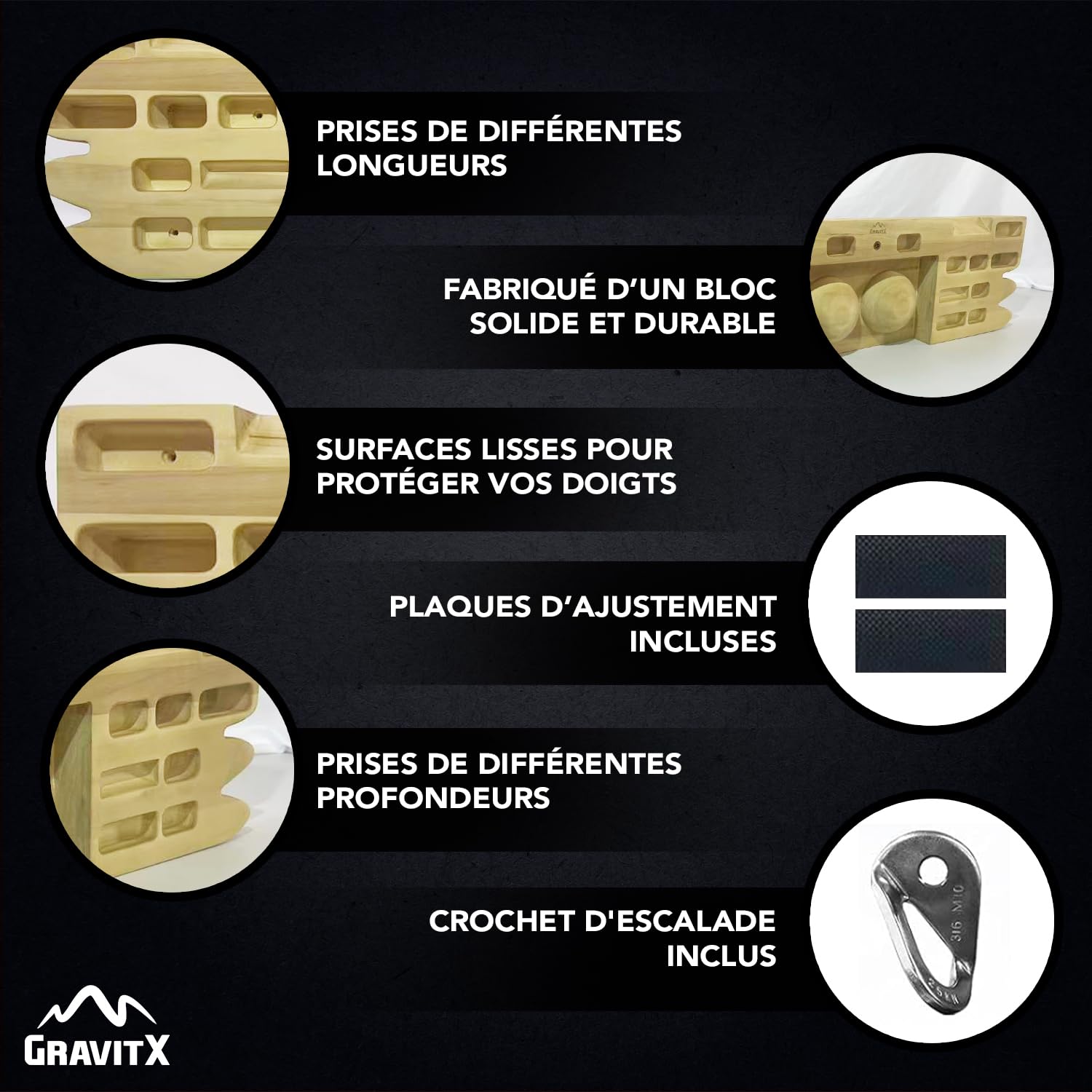 GravitX – Planche d’Escalade en Bois 65 cm – Fingerboard d’Entraînement avec Multiprises 18 à 45 mm – Accroche Murale avec Crochet de Sécurité et Plaques de Caoutchouc