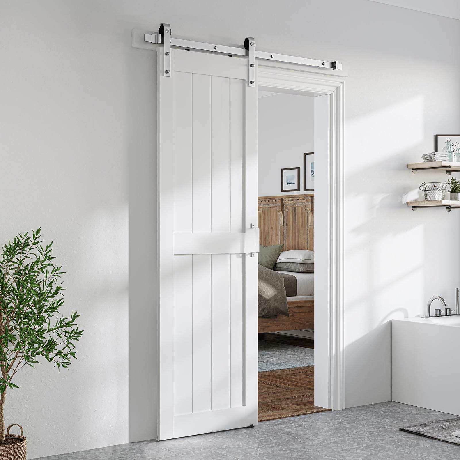 SmartStandard 24 x 84 inch White Sliding MDF Barn Door with 5FT Brushed Nickel Sliding Door Hardware Kit & Handle, Pre-Drilled Ready to Assemble, Waterproof PVC Coating, H-Frame