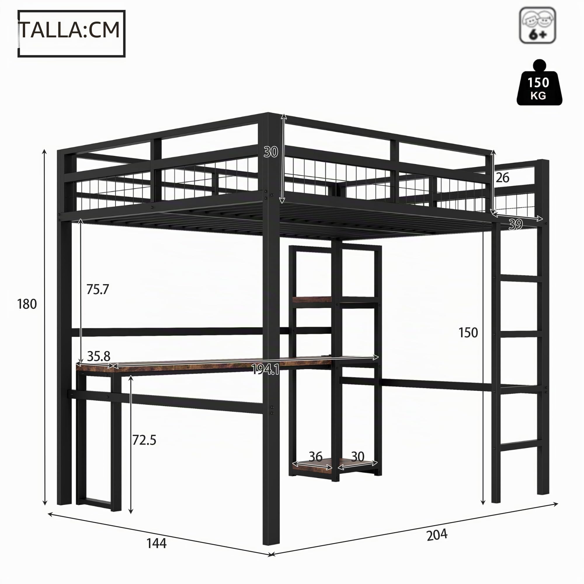 Dolamaní Cama alta para adultos, 140 x 200 cm, marco de cama de metal con enchufe, cama de metal con USB Type-C y varios estantes, capacidad de carga de 150 kg (negro)
