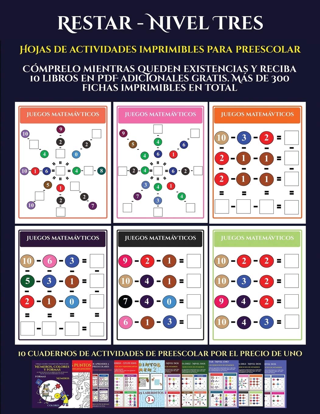Hojas de actividades imprimibles para preescolar (Restar - Nivel Tres): Cómprelo mientras queden existencias y reciba 12 libros en PDF adicionales gratis. Más de 300 fichas imprimibles en total (9)