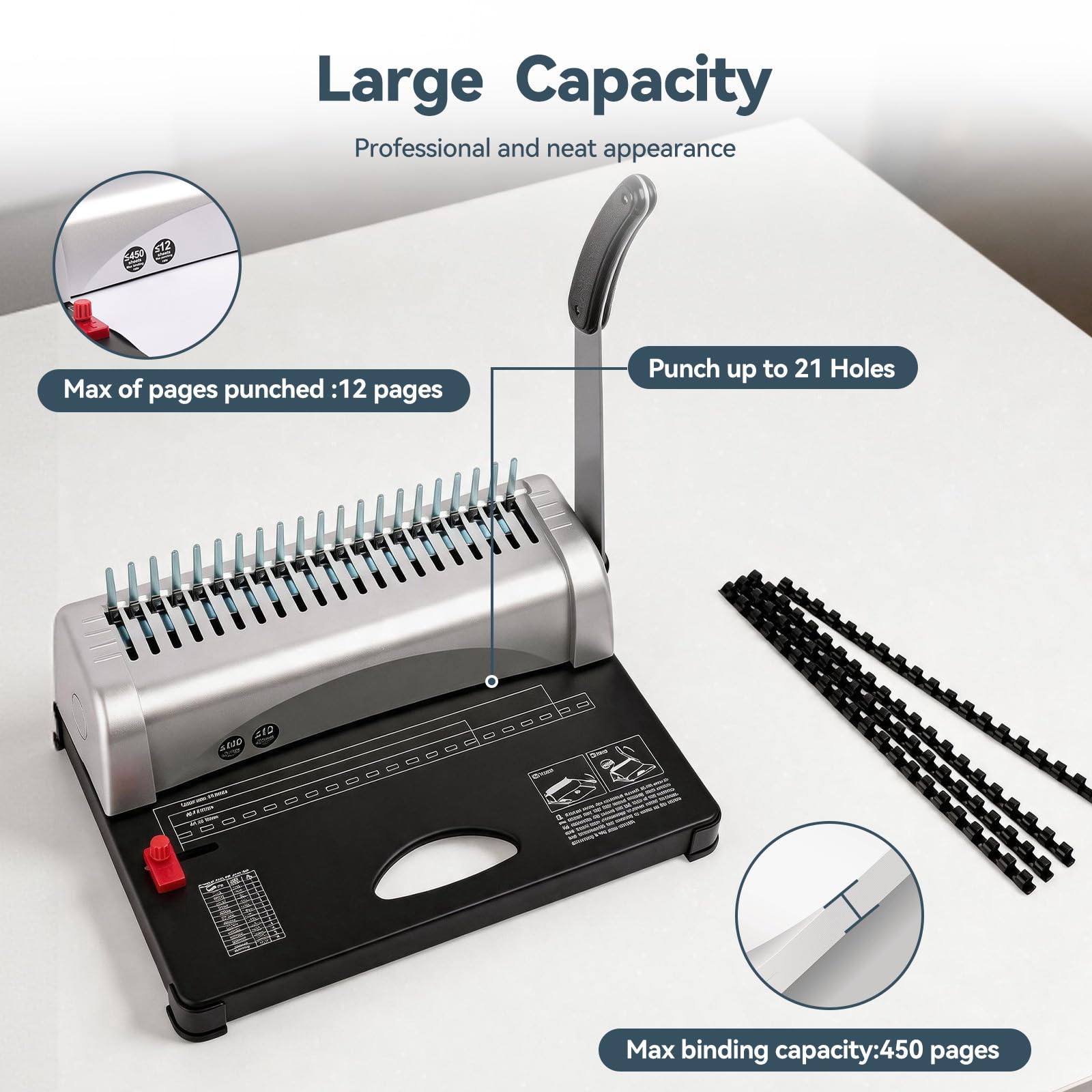 Rilegatrice a Pettine 21 Fori per Rilegatura Fogli A4/A5 | Capacità 450 Fogli, Perforazione fino a 12 Fogli, con 100 Dorsi da 10 mm, Rilegatrice Spirale per Ufficio Scuola Casa
