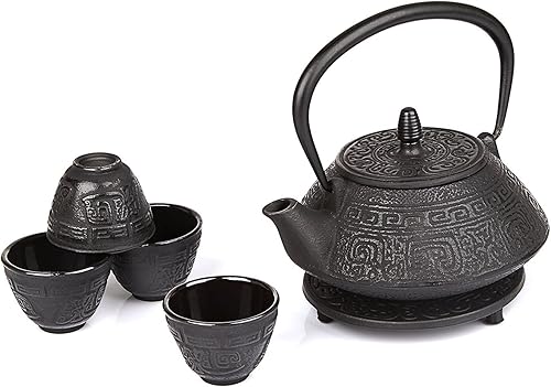Set de olla de té de hierro fundido japonés negro bastidor.