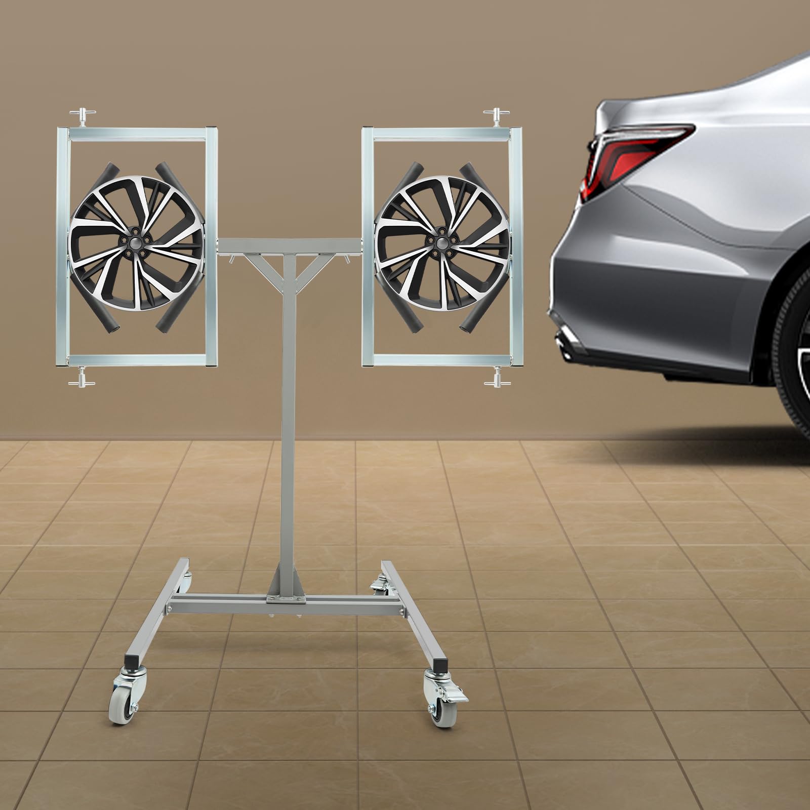 Stojak do lakierowania 2 piast kół, obracany o 360°, z 4 kółkami, mobilny stojak na felgi, pomoc lakierowania do 60 kg, regulowany stojak natryskowy do warsztatu, garażu, SUV-a, samochodu