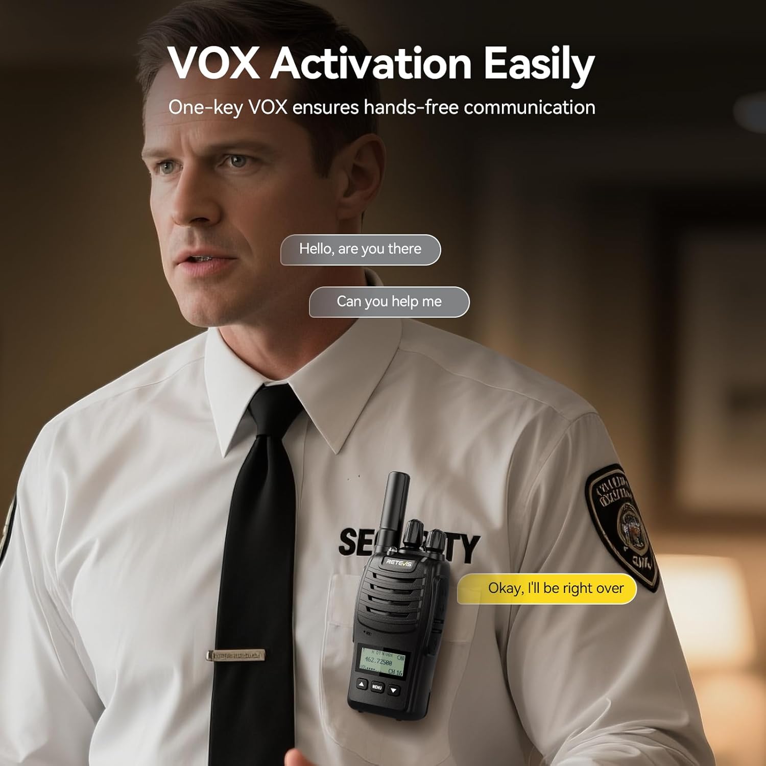 A person wearing a Retevis H777D walkie talkie clipped to their shirt, demonstrating hands-free VOX communication.