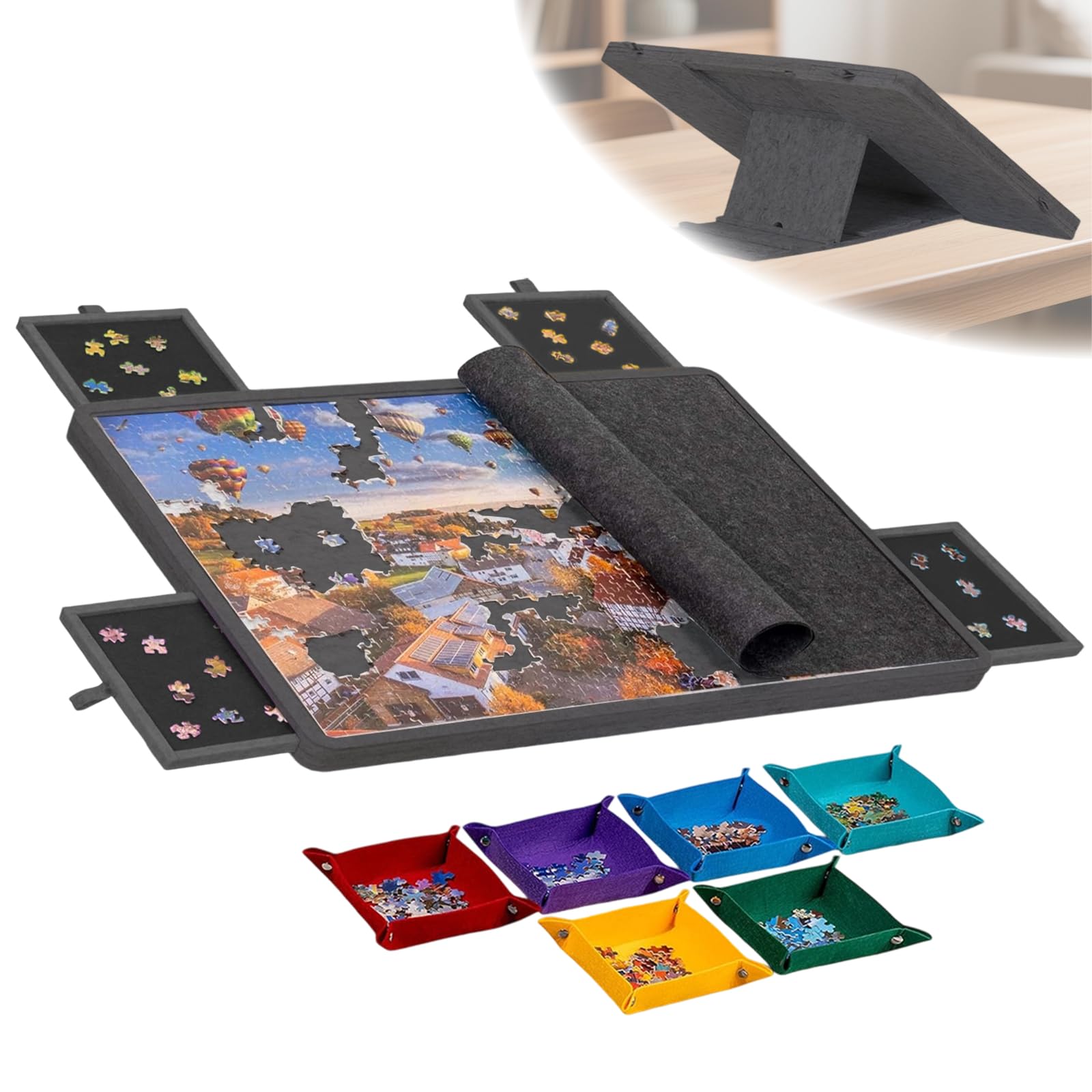 Jigsaw Puzzle pieghevole con 4 cassetti, tavolo puzzle portatile con supporto 2 in 1 e copertura, super leggero in feltro con 6 scomparti, accessorio puzzle per fino a 1000 pezzi (nero)