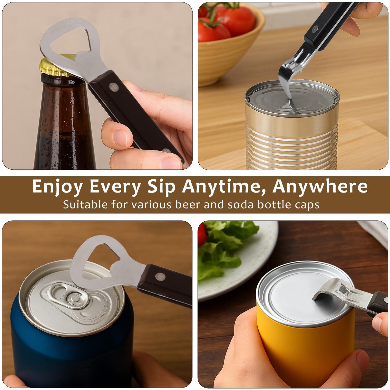 2 apriscatole per lattine, apribottiglie, doppio uso, manuale, in acciaio inox, con manico in plastica, resistente, compatto, lavabile in lavastoviglie, ideale per campeggio, cucina e viaggi