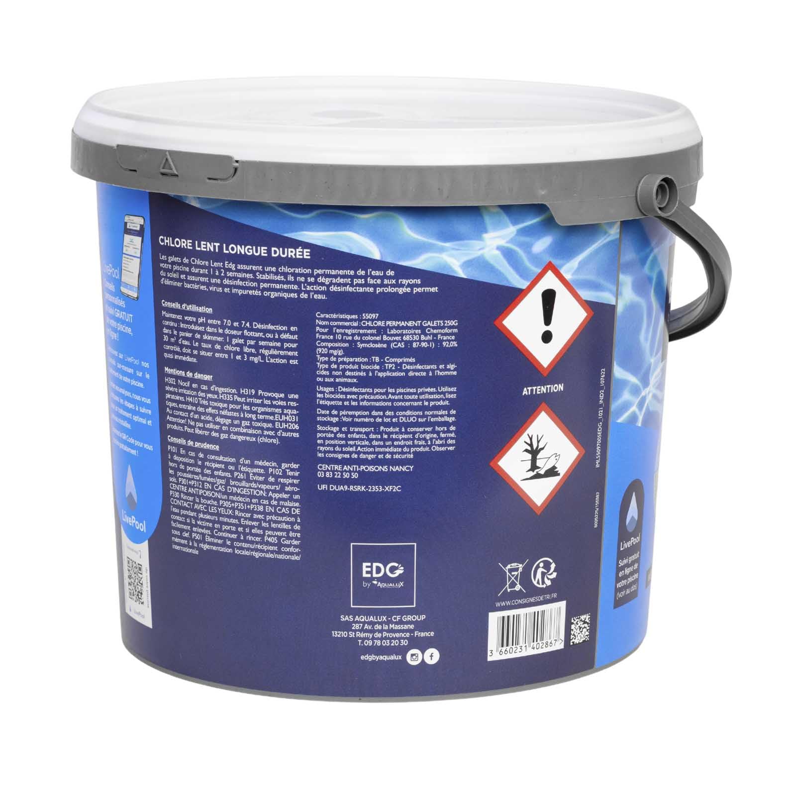 EDG - Chlore Lent Piscine - Chlore Permanent - Désinfection Longue Durée - Galet 250 g - Seau 5 kg- EDG by AQUALUX International