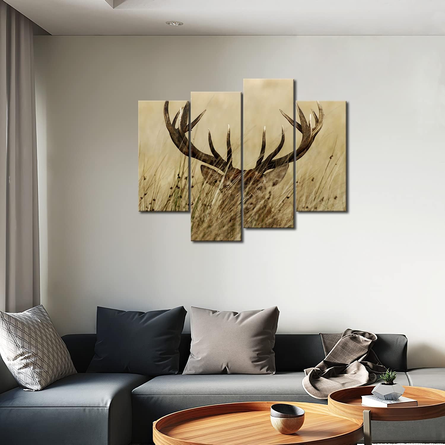 4 Panel Wall Art Deer Stag With Long Antler In The Bushes Painting The Picture Print On Canvas Animal Pictures For Home Decor Decoration Gift piece (Stretched By Wooden Frame,Ready To Hang)