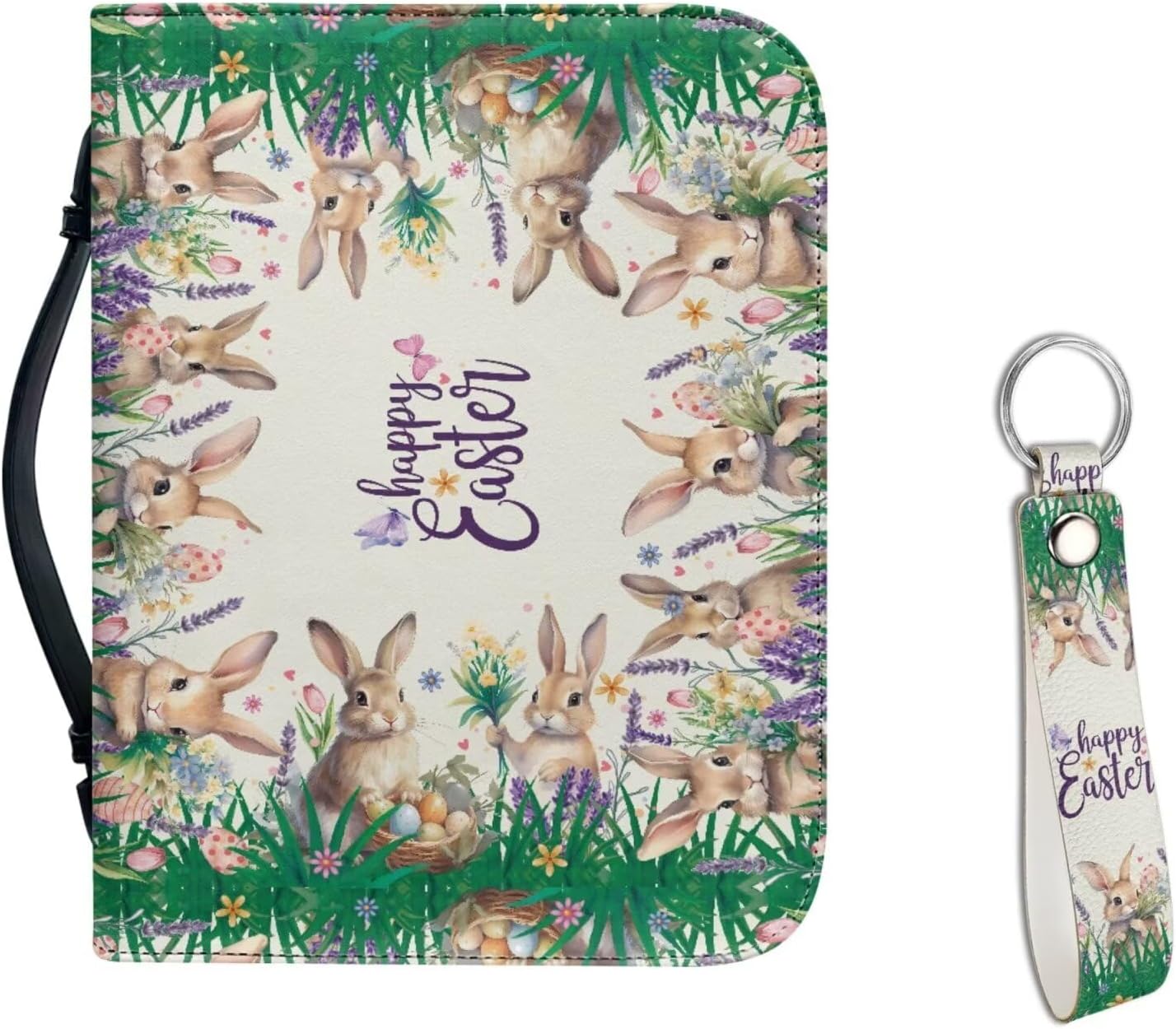 Kuiaobaty Happy Easter Print Bible Case Bible Covers with Matched Leather Keychain Leather Protective Carrying Bible Holder for Women Men Kids Teens Tote Bags for Storage Pens Bible Books Tablet
