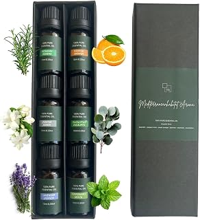 Aceites esenciales para difusor 100% puros, kit 6 x 10 ml – lavanda, eucalipto, romero, jazmín, menta y naranja – set de aceites esenciales para aromaterapia y Piedras Volcánicas