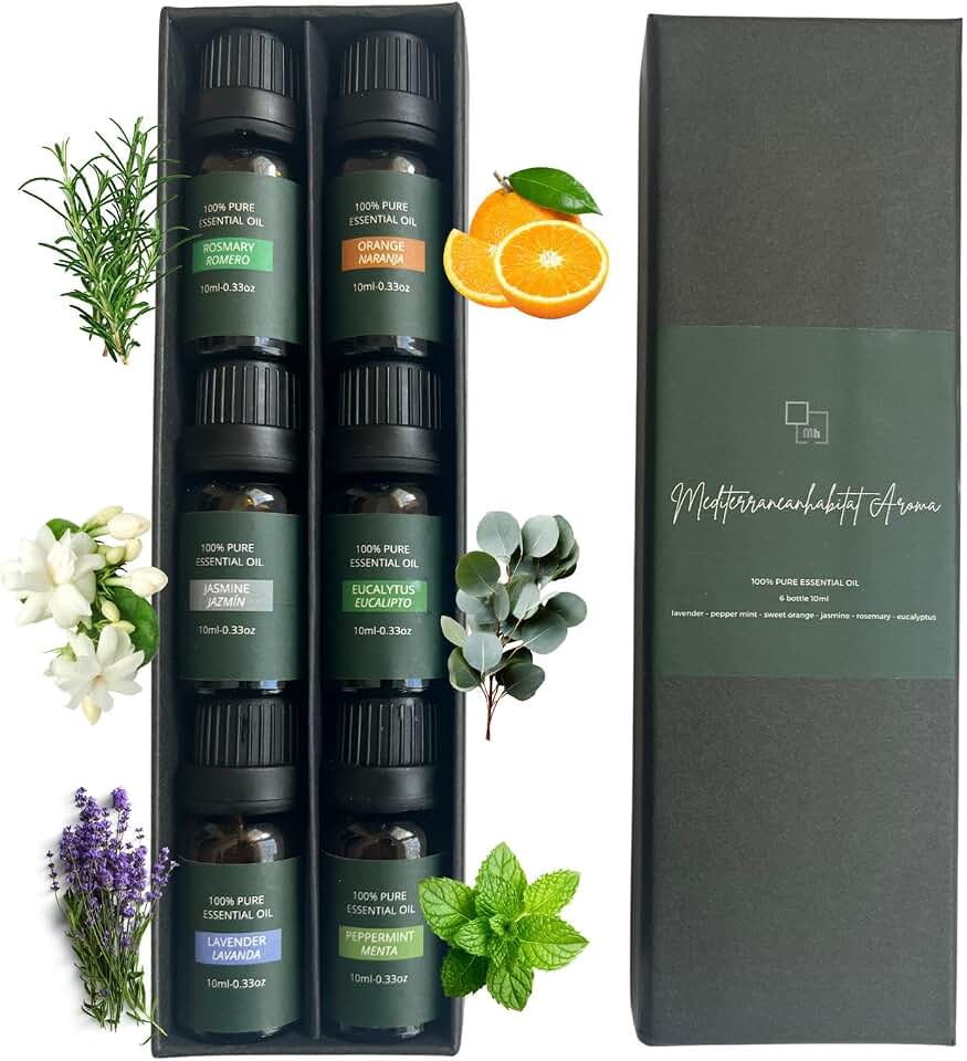 Aceites esenciales para difusor 100% puros, kit 6 x 10 ml – lavanda, eucalipto, romero, jazmín, menta y naranja – set 6 aceites esenciales Aromaterapia para Piedras Volcánicas y Difusores