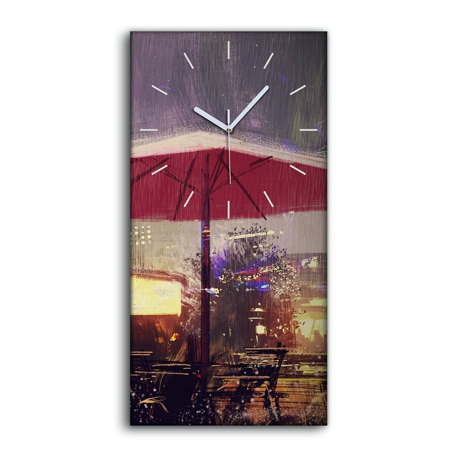 Horloge artistique sur toile 30x60cm au design moderne de ville sous la pluie pour salon