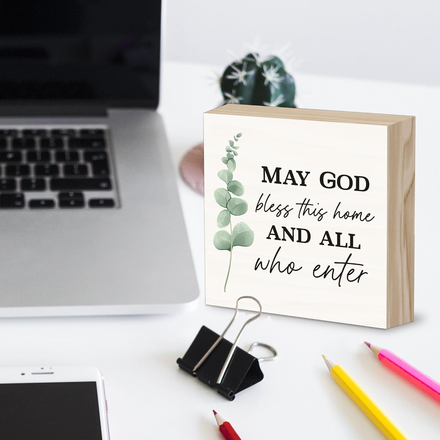 Christian Decor Wood Sign Desk Decoration, May God Bless Sign, Encouragement Table Decoration Thankyou Gifts for Family Friends Christians, Eucalyptus Print-A01 - Image 3