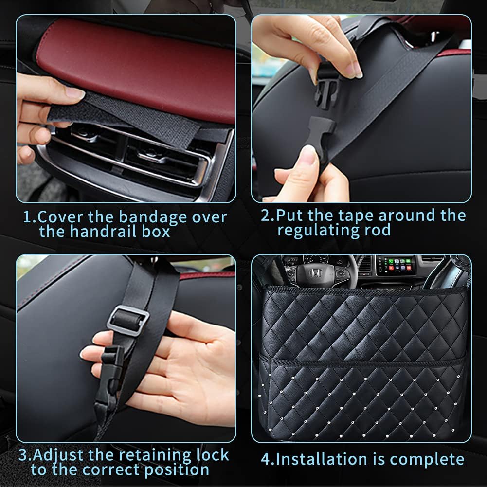 Car Handbag Holder Pocket Car Leather Bling Purse Between Seats, Large Capacity Car Seatback Pouch Organizer Bags Cargo Storage for Tablet Phone Sunglasses Snacks with 2 PCS Car Hook Image