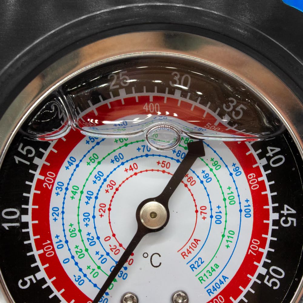 Manómetro con glicerina Maletin Set Manometros para Aire Acondicionado con Glicerina para Precisión Gas Refrigerante R22, R134a, R410 Manómetro para Recarga de Gas Refrigerante Antivibraciones