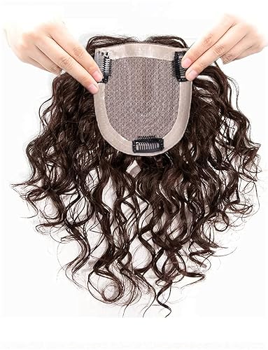 Miniatura 6 de 16 "Handtied Ondulado Rizado Mono Topper Clip en el Pelo Huaman Hair Topper 3.9x4.7in Mediana Top Postizos para Mujeres con Cabello