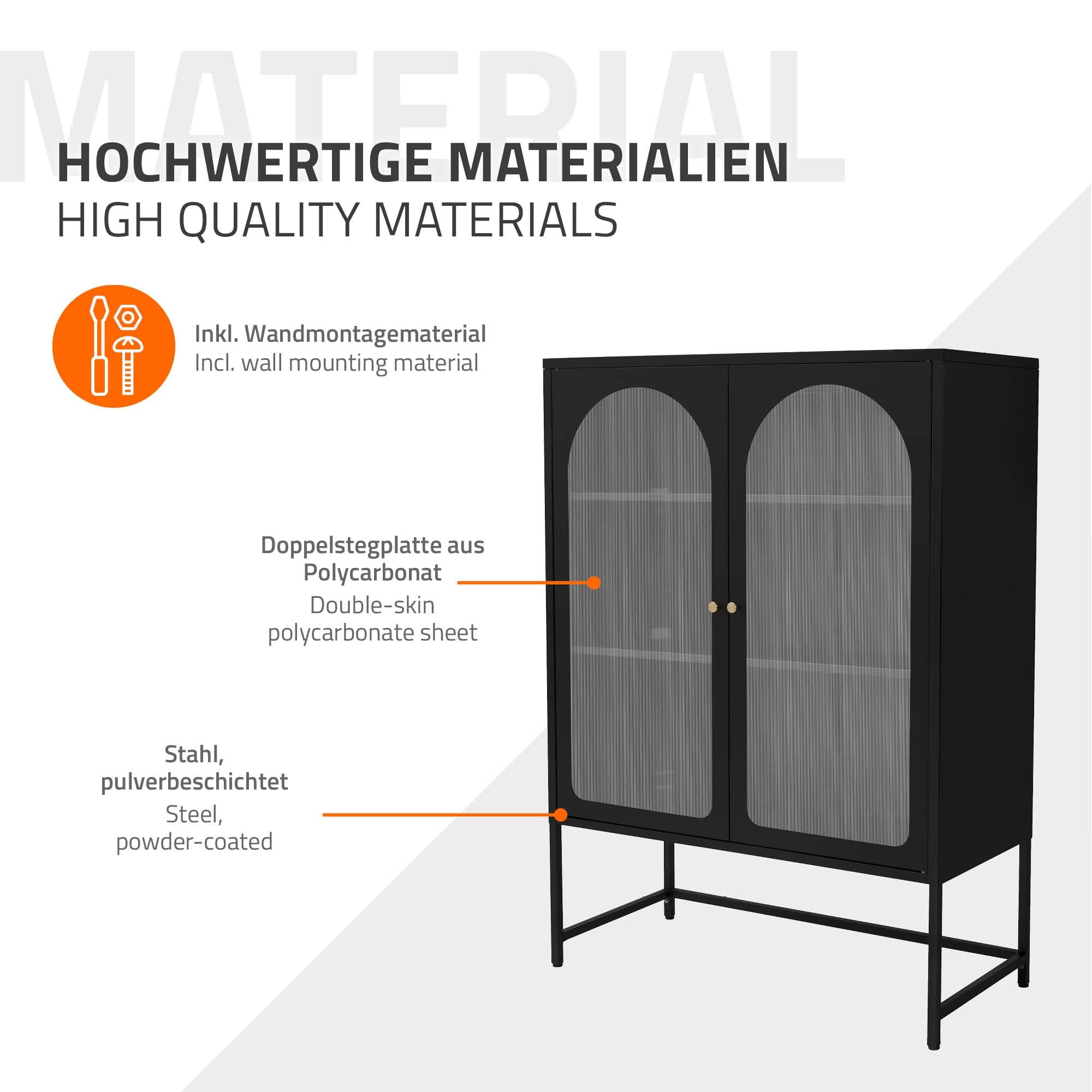 ML-Design Vetrina 85x120x40 cm Nera – Armadio con 3 Ripiani e 2 Ante con Chiusura Magnetica – Mobile in Acciaio Stile Industriale per Soggiorno Libreria Archivio Ufficio