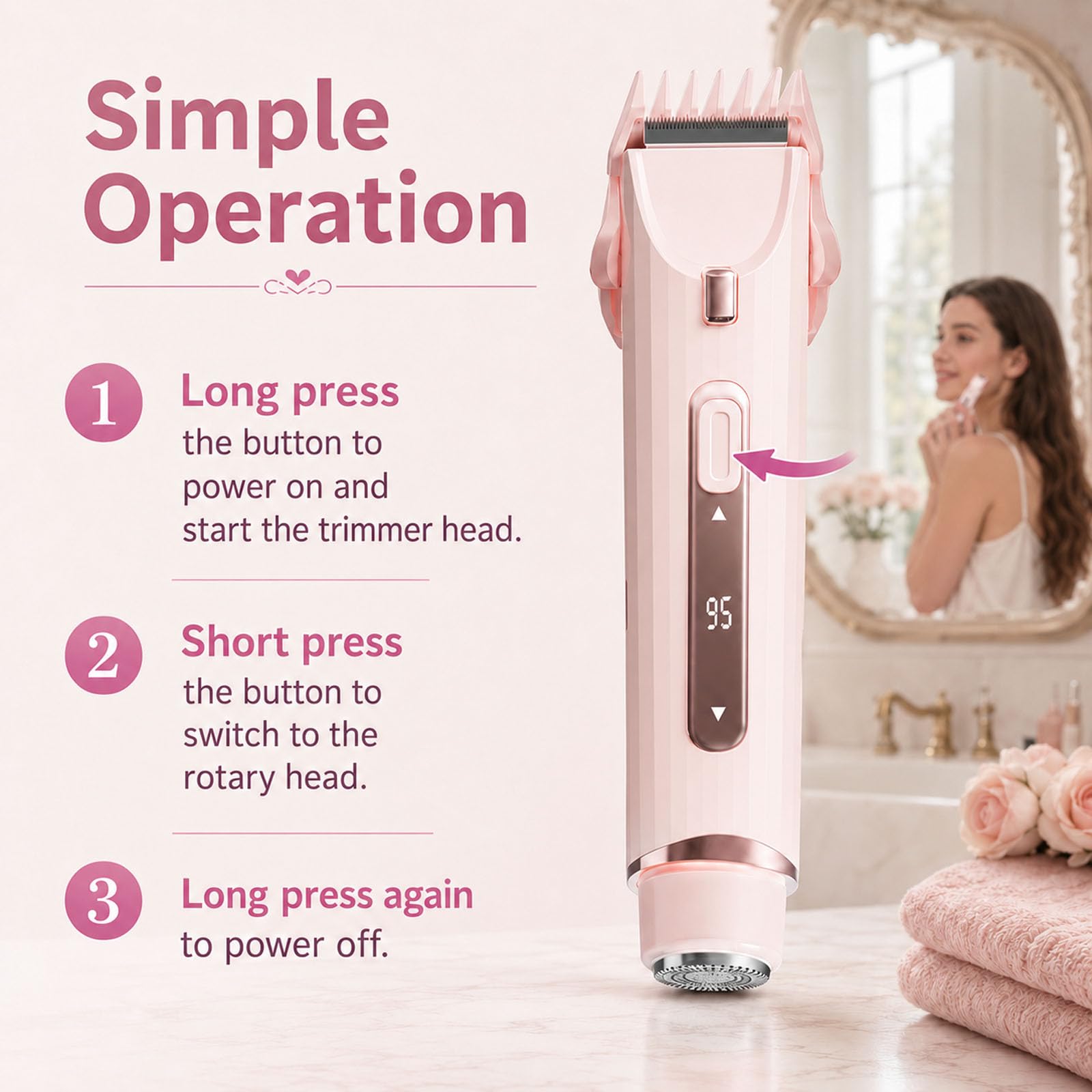 2 in 1 Bikini Trimmer für Frauen, Dual Head Elektrischer Rasierer mit LED-Licht & Digitalanzeige, Wiederaufladbare Kabellose Körperhaarentfernung für Gesicht, Achselhöhlen, Schambeine, Dual