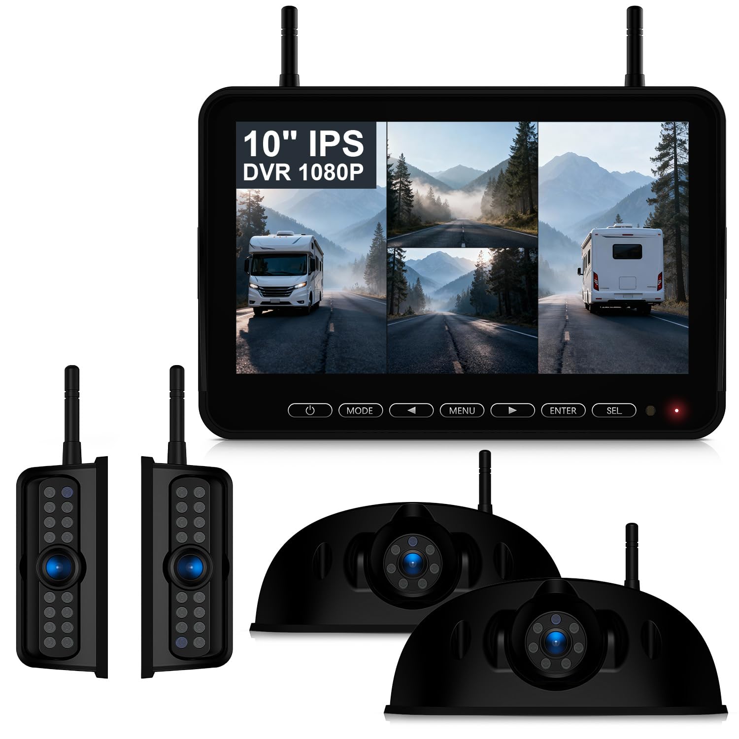 Fookoo HD 10" Wireless 4 RV Backup Camera System for Furrion Pre-Wired RV Truck Trailer, 10" IPS Monitor, 2 Side View 2 Rear View Cameras, Split