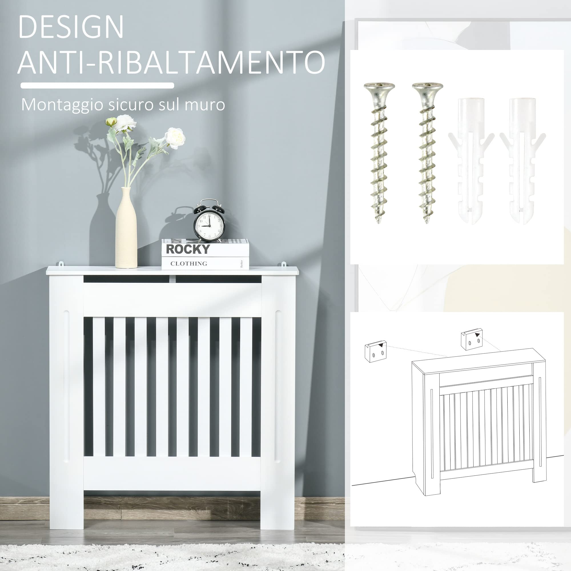 HOMCOM Copritermosifone in Legno Bianco per Caloriferi e Radiatori, Copri Termosifone Moderno con Anti-ribaltamento, Doghe e Piano d'Appoggio, 78x19x81cm