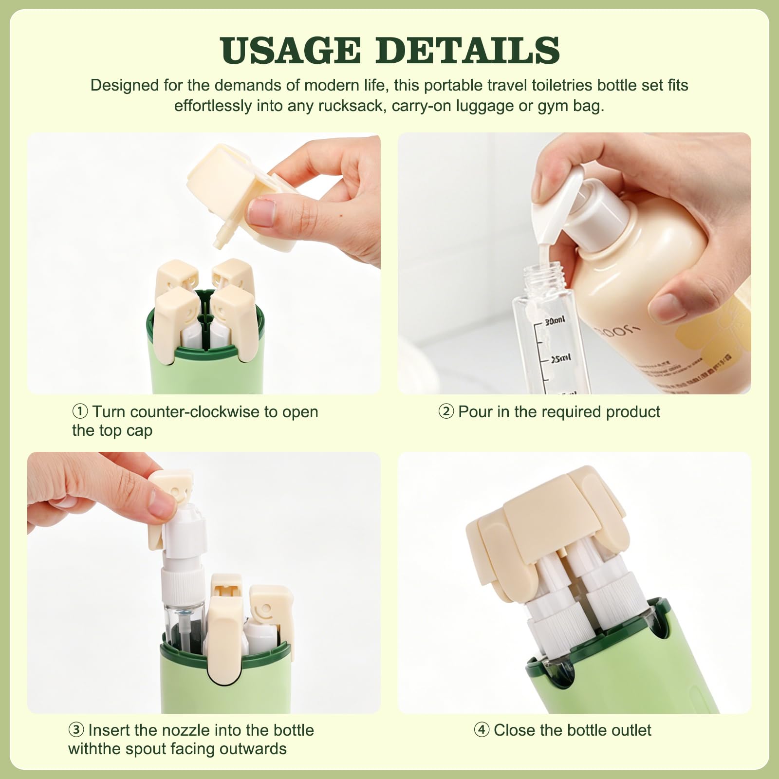 Bouteilles de voyage 4 en 1 à remplir, portable, transparent, avec échelle de mesure et étiquettes, bouteilles de voyage à remplir pour shampooing, après-shampooing, lotion et gel douche (vert)