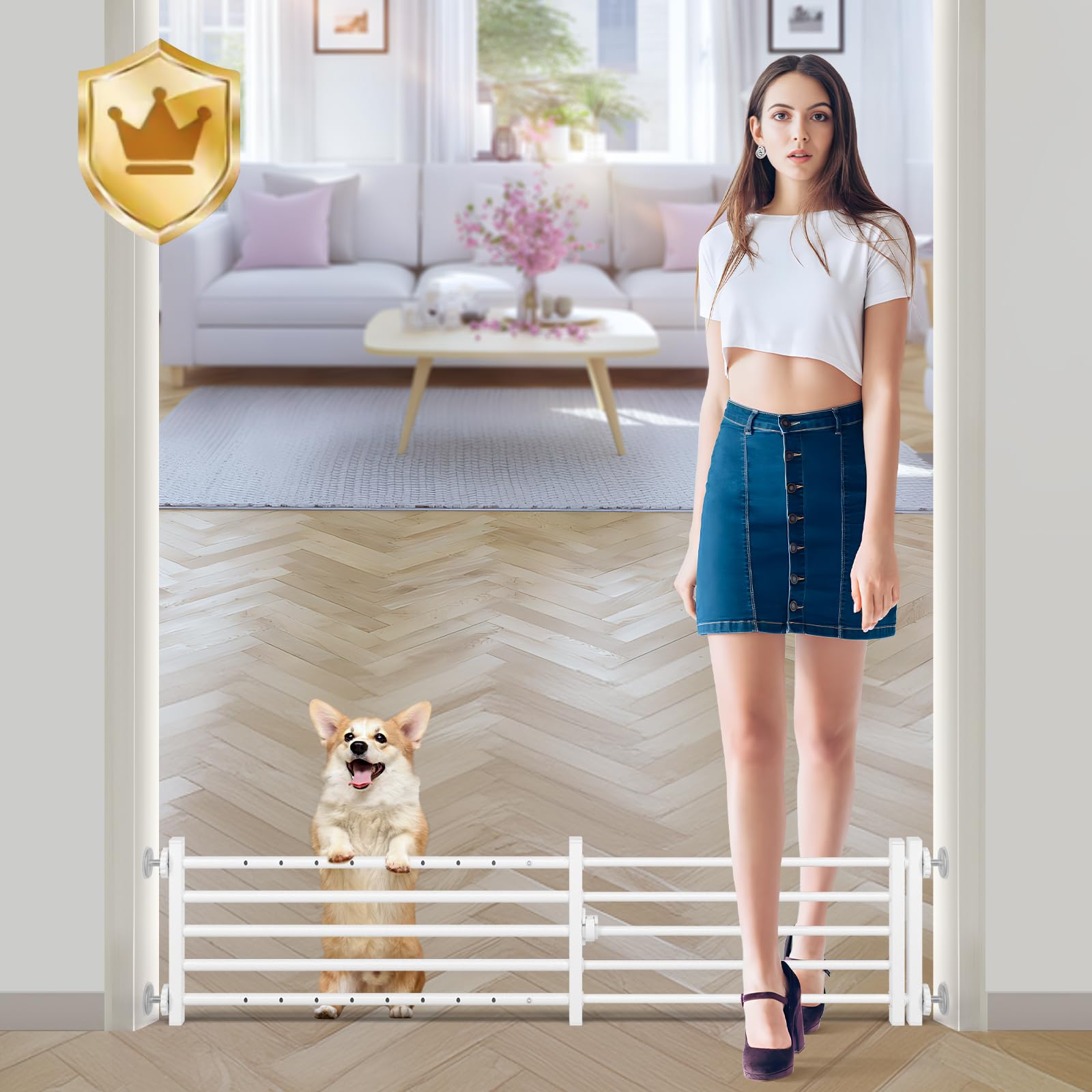 Malier Indoor Dog Gate with Door, 34-55" Extra Wide Full Metal Pet Gate Short Dog Gate for Stairs, Pressure Mount 10'' Tall Small Puppy Low Gate Easy Step Over for Doorways