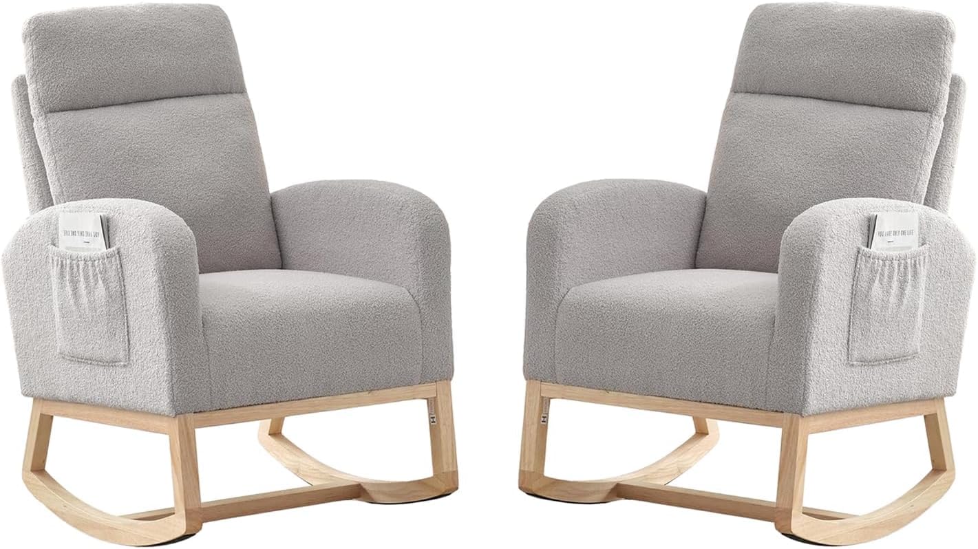Takywep 2 Pack Nursery Rocking Chair with Solid Wood Legs, Glider Chair for Nursery with Side Pocket, Rocker Armchair for Living Room Bedroom (Gray, Teddy)