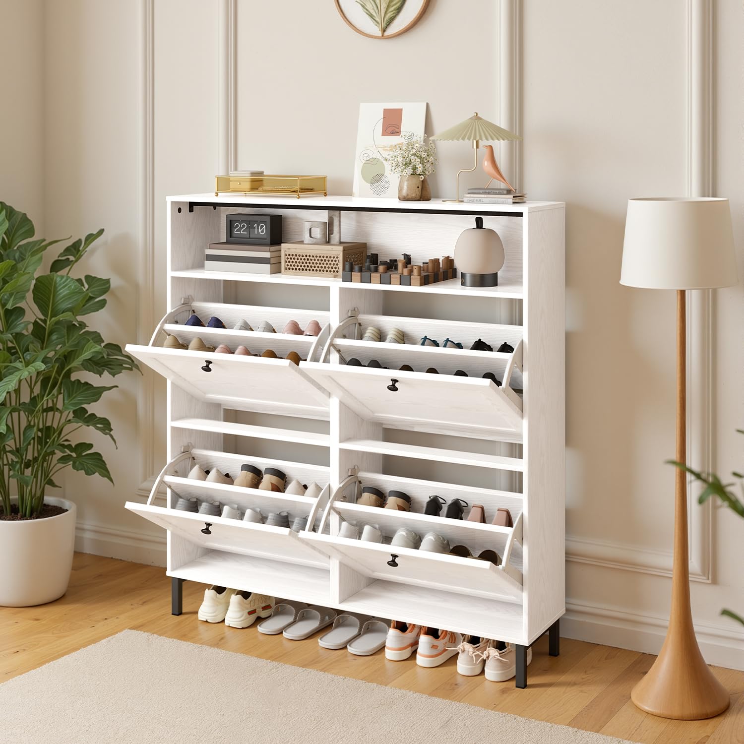Armario Estrecho para Zapatos, Mueble para Zapatos, Zapatero con 4 Compuertas, 1 Estante Abierto, Divisores Ajustables, para Pasillo, Área de Entrada, 99 x 24 x 108 cm (Blanco)