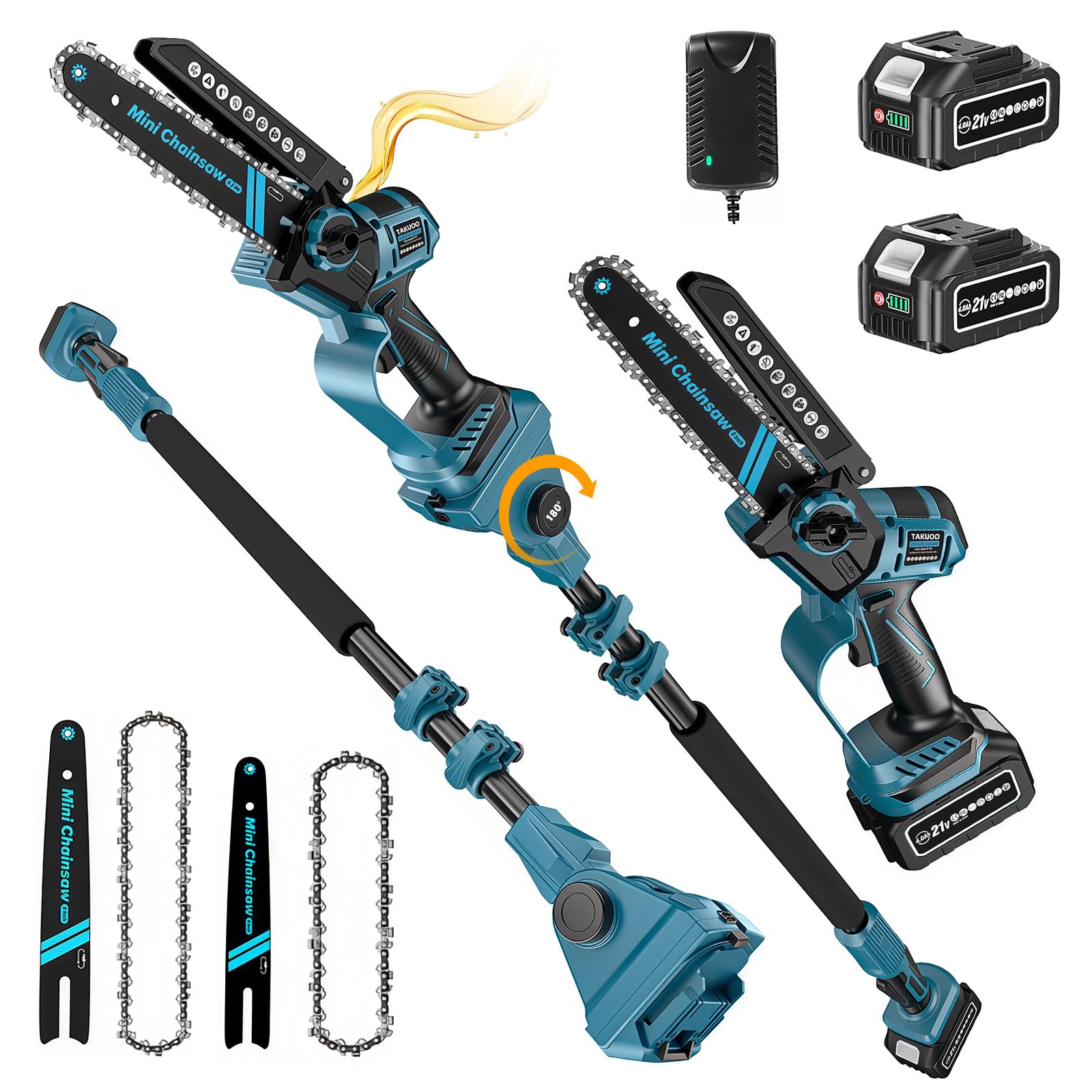 3-in-1 8" &amp; 6" Electric Pole Saw and Mini Chainsaw Cordless, Power Chain Saw with 2×21V 4.0Ah Battery, Multi-Angle, 15Ft Reach Extension Polesaw for Tree Trimming, Limb Branch