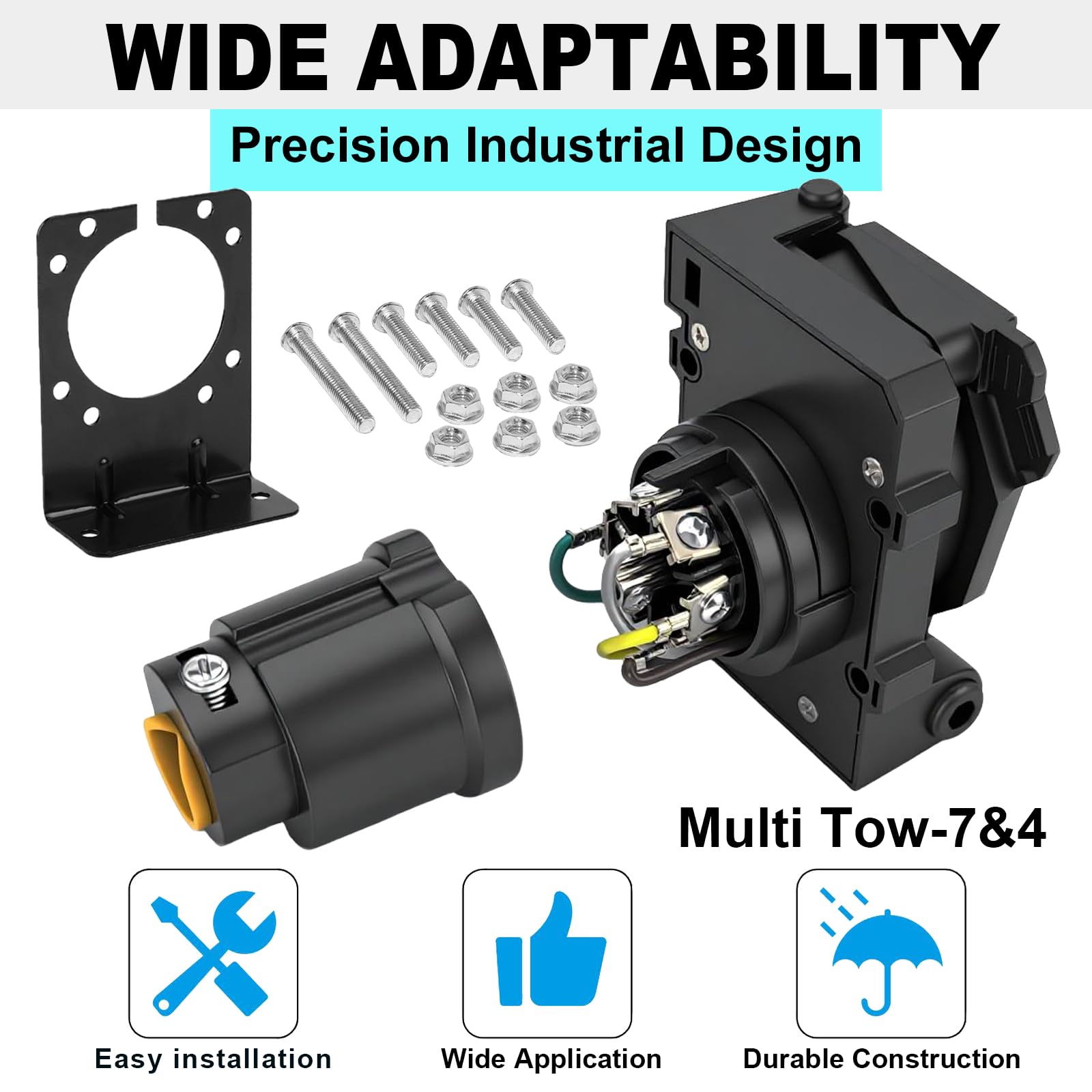 Adaptateur de prise de remorque multi-remorque, adaptateur de remorque 7 et 4 broches, 7 lames vers 7 lames et 4 connecteurs plats pour véhicule, noir