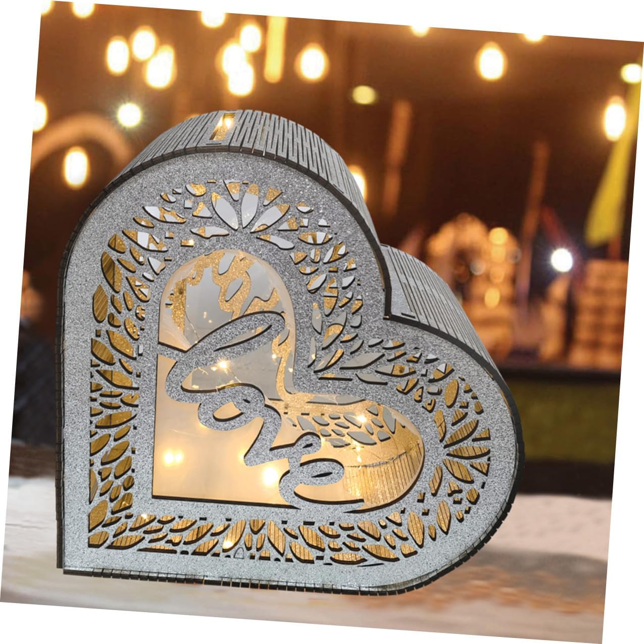 FUOYLOO Wooden Heart-shaped Card Container Box with Glitter Hollow Design, Portable Envelope Money Card Holder for Wedding Reception, Birthday, and Valentine's Day Decoration