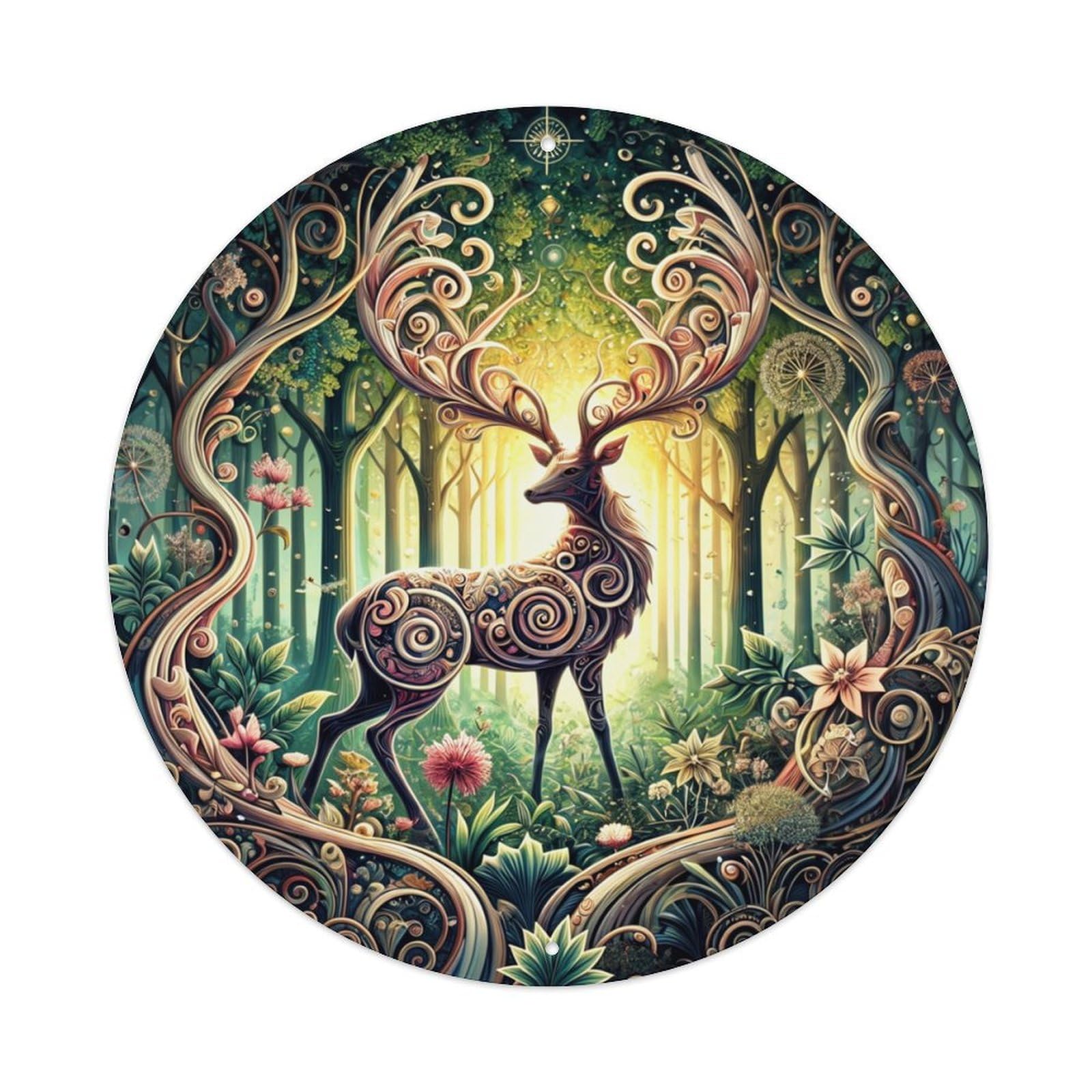 Mystical Forest Deer Artwork Pattern Vintage Round Tin Sign Retro Metal Wall Decor Metal Poster, Home Bar Garage Cafe Wall Art Decoration 8x8Inches