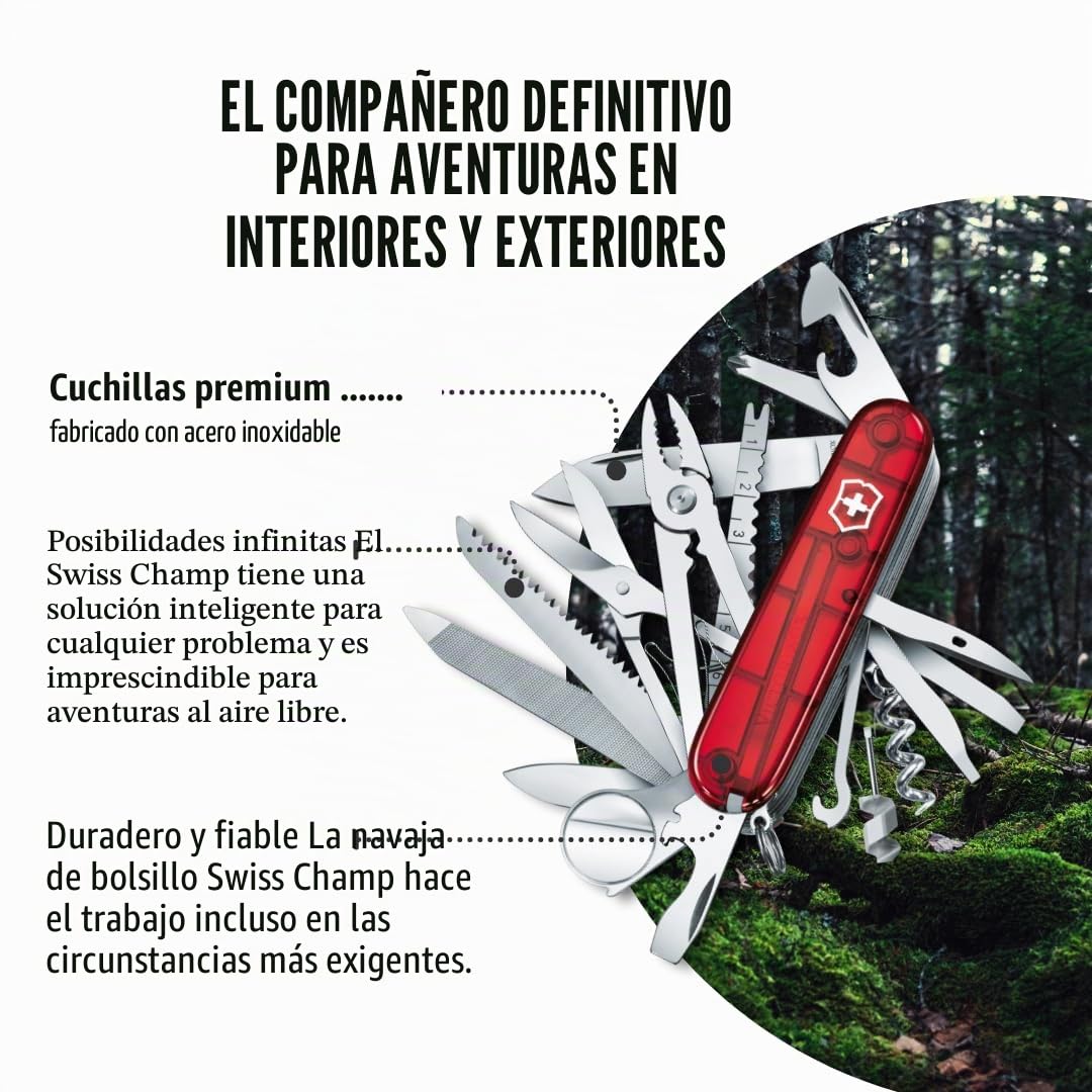 Victorinox, Swiss Champ, Navaja Multiuso Suiza, Cuchillo bolsillo, Regalo, 33 Funciones, Hoja grande, Sacacorchos