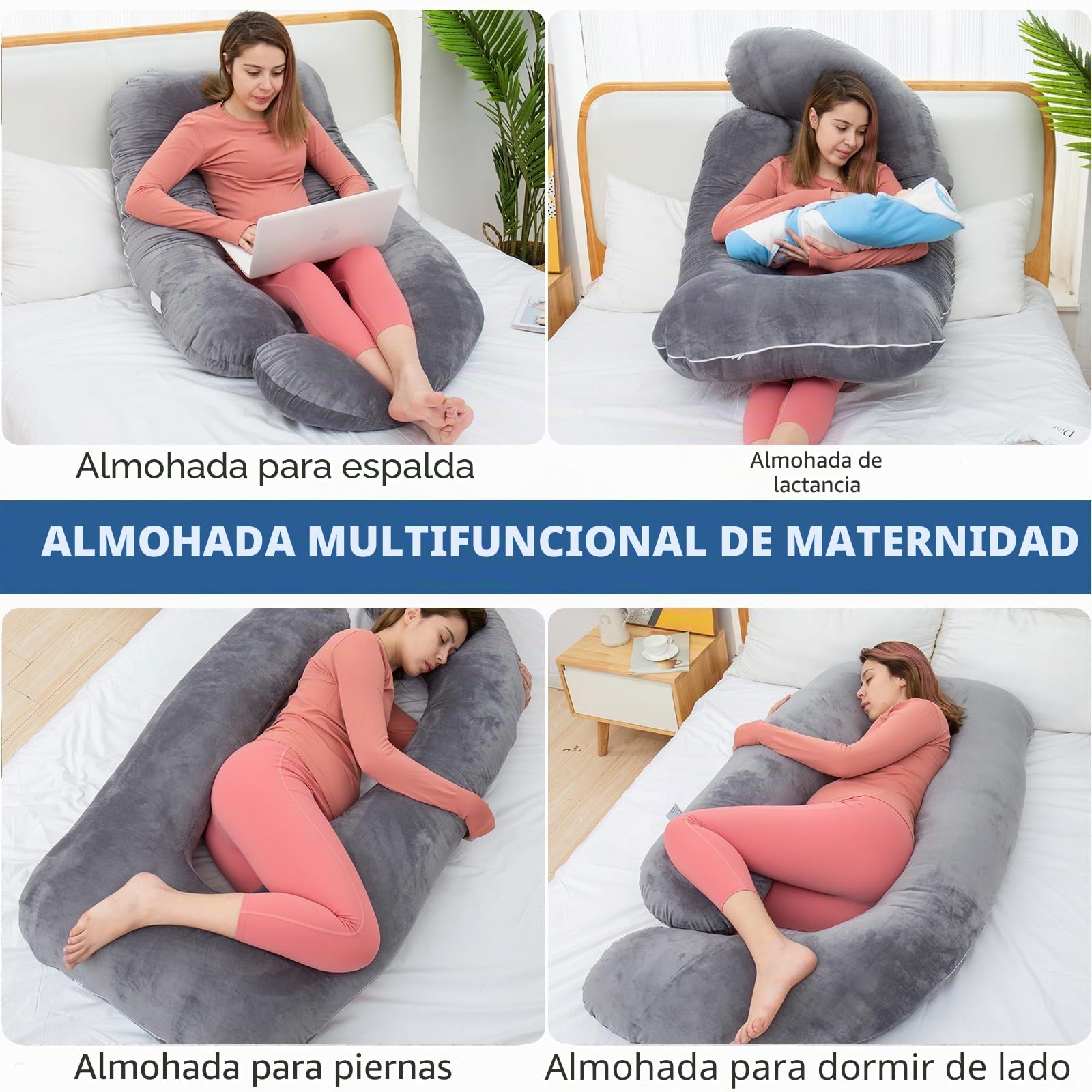 Almohada de maternidad en forma de U de espuma viscoelástica triturada con funda | La espuma triturada alivia el dolor de espalda y cadera, funda de terciopelo suave y transpirable, extraíble y lavable
